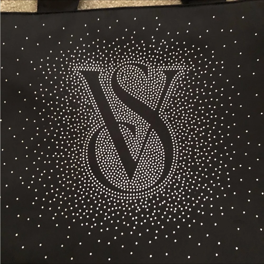 New Large Victoria's Secret Black Zip Tote Bag with Crystal VS Logo